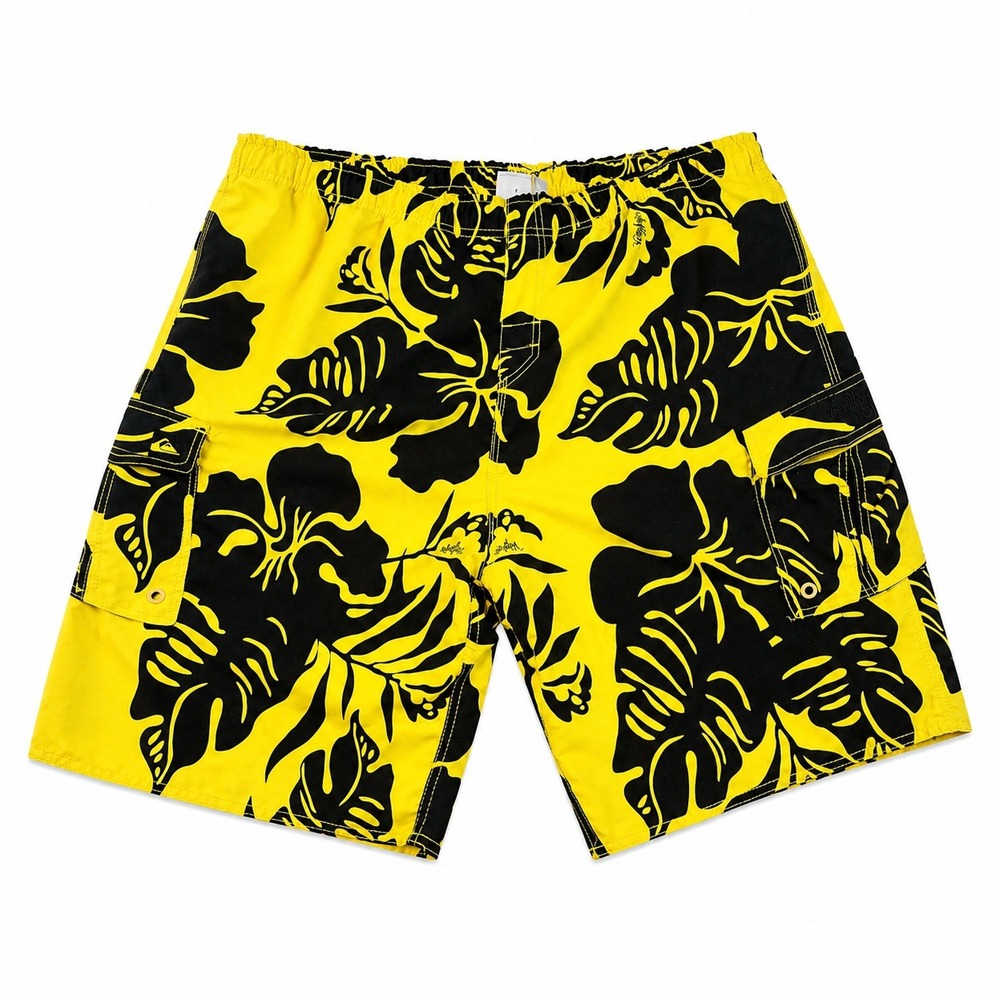 Quiksilver Mens XXL Yellow Black Tropical Floral Cargo Board Shorts Swim Trunks‎